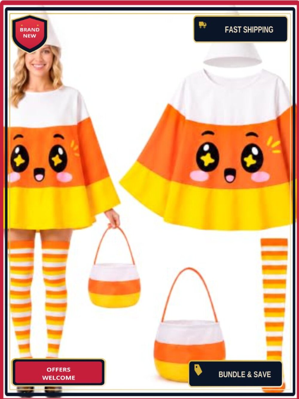 Candy Corn Poncho Costume Set Halloween Adult Women Polyester Felt